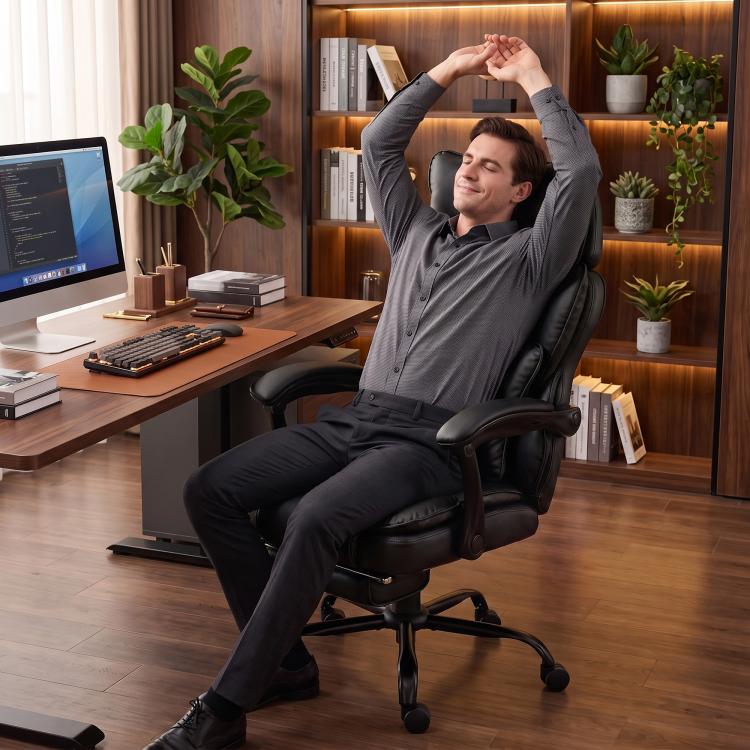 Black office chair with headrest, reclining back and armrests