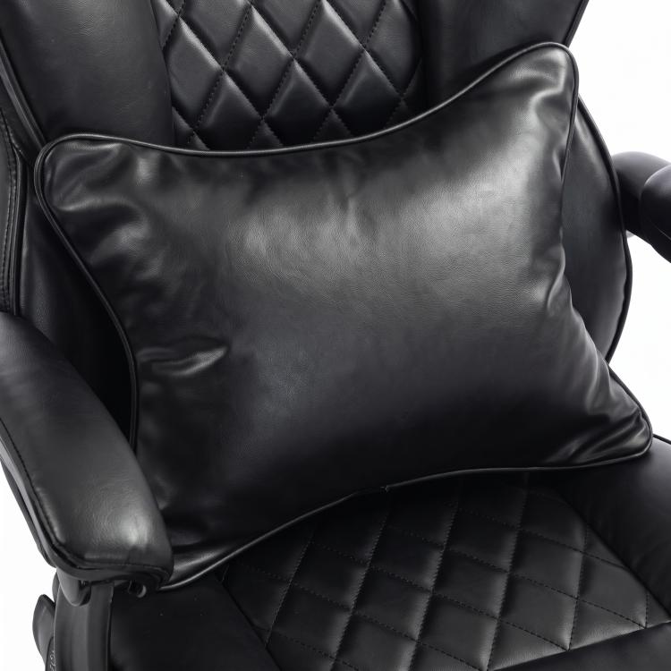 Black tufted office chair seat and back with leather-look upholstery