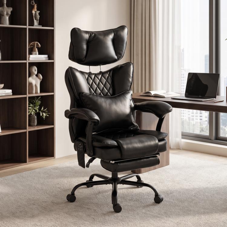 Black massage office chair with tall backrest, cushioned seat, and rolling base