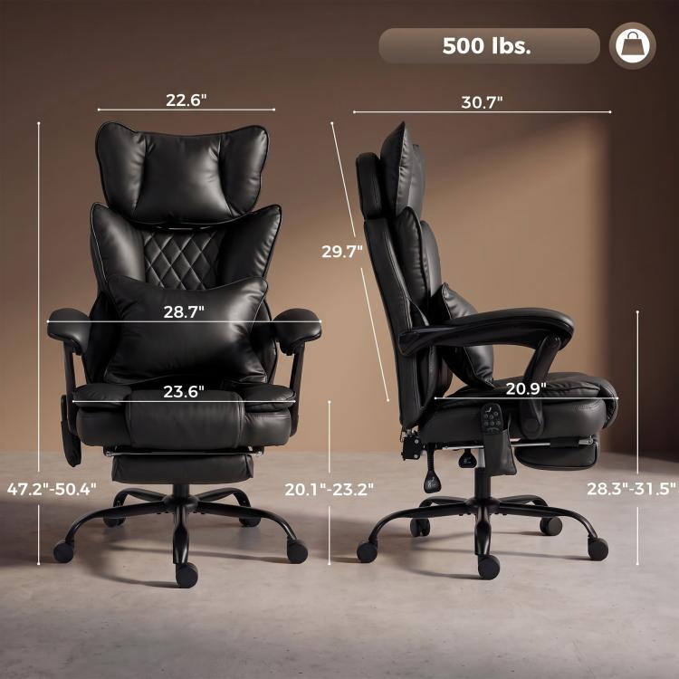 Black office massage chair with headrest and footrest, dimensions diagram