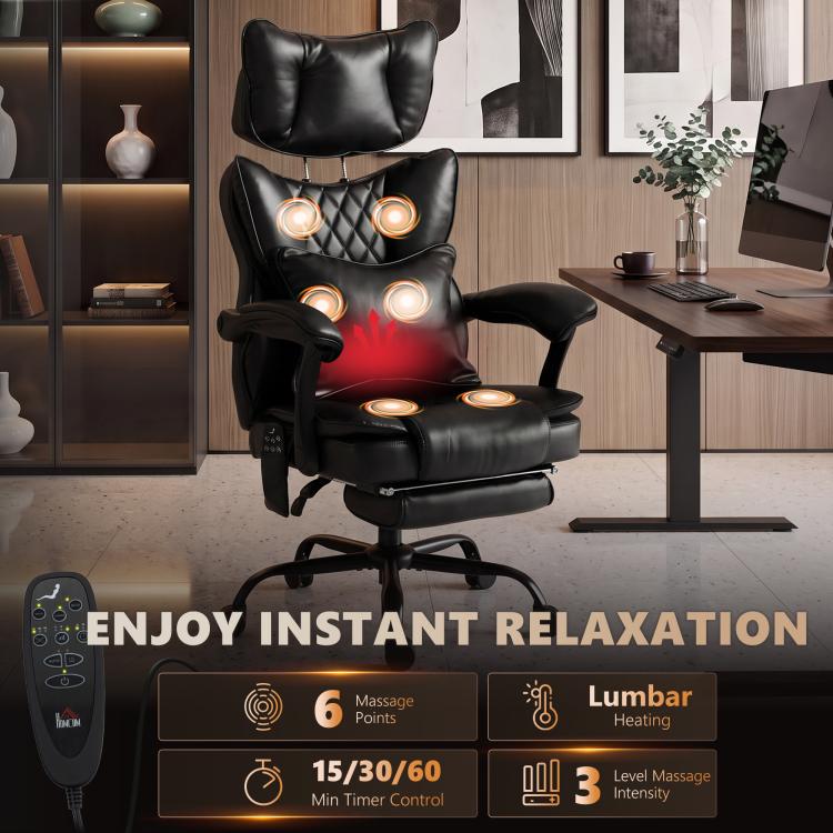 Black massage office chair with illuminated lumbar and seat heating pads, headrest