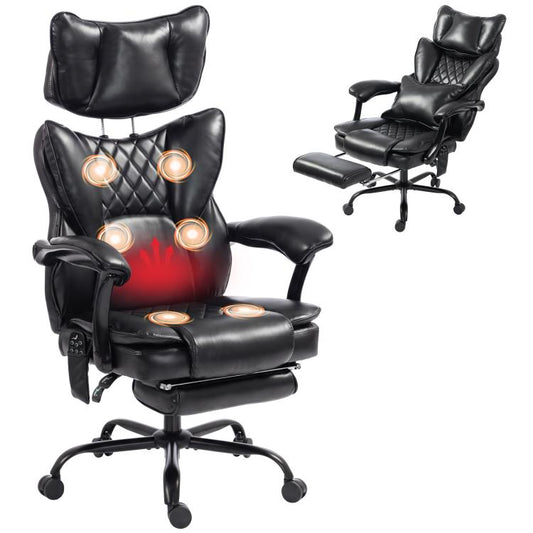Black heated office massage chair with padded headrest, armrests, and footrest
