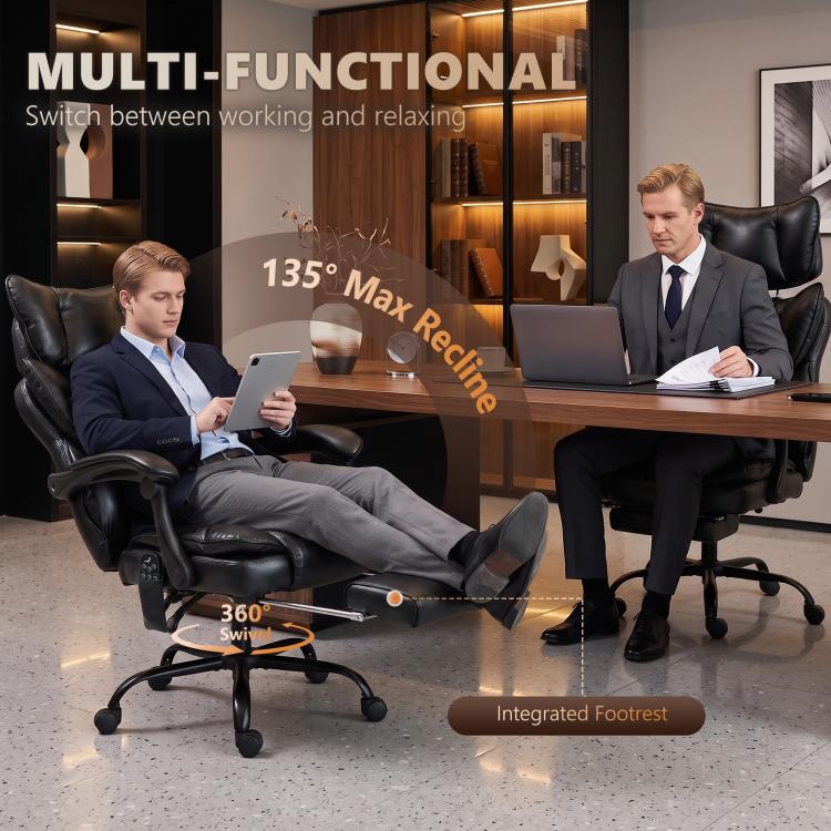 Black office massage chair reclining for work and relaxation with integrated footrest