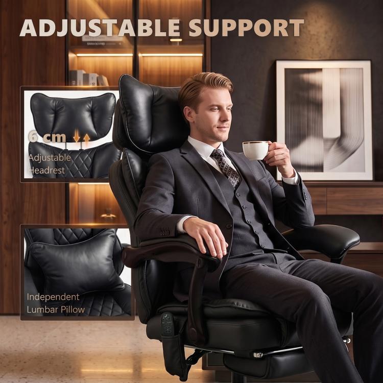 Black office massage chair with adjustable headrest and lumbar support pillow