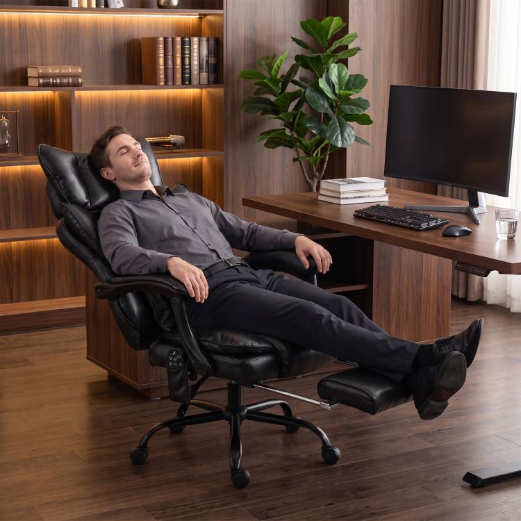 Black heated massage office chair with reclining backrest and footrest