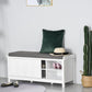 White shoe storage bench with gray cushioned seat and built-in shoe compartments
