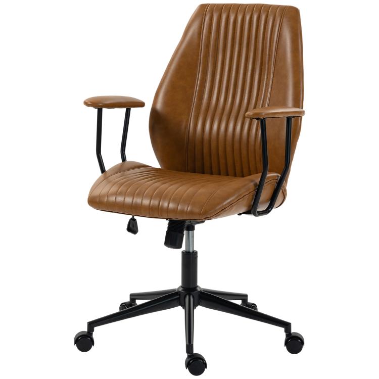 Brown mid-back computer chair with armrests, PU leather look, swivel base and casters