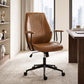 Brown mid-back office chair with armrests and ribbed PU leather look on caster base