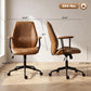 Brown mid-back office chair with armrests, swivel base and casters, side views shown