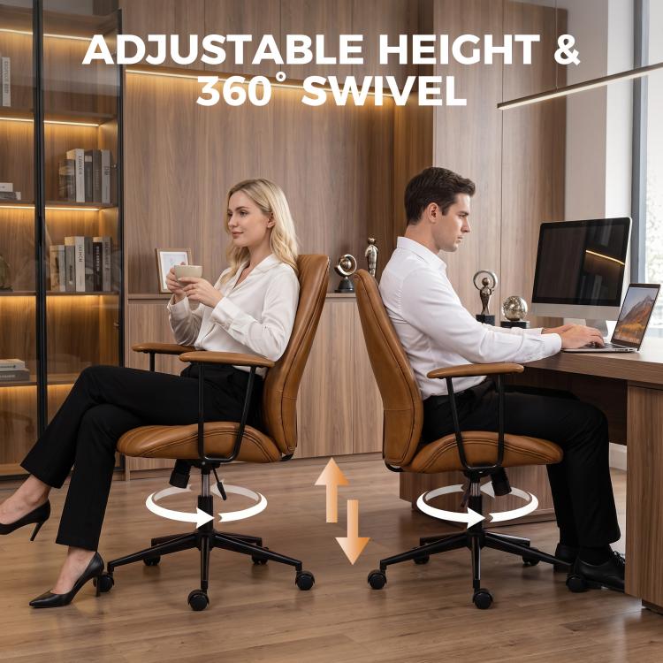 Brown mid-back office chair on caster base, adjustable height and 360 swivel view