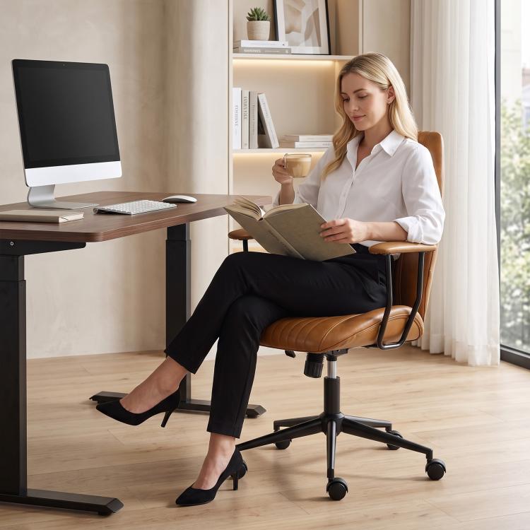 Brown mid-back computer chair with armrests, PU leather look seat and caster swivel base
