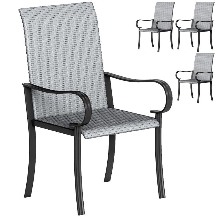 Gray outdoor wicker dining chair with steel frame and curved armrests