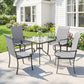Four gray outdoor wicker dining chairs with a round glass table on a patio