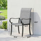 Gray outdoor wicker dining chair with armrests and measurements diagram