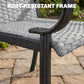 Close-up of gray chair frame corner with woven seat and water-resistant finish