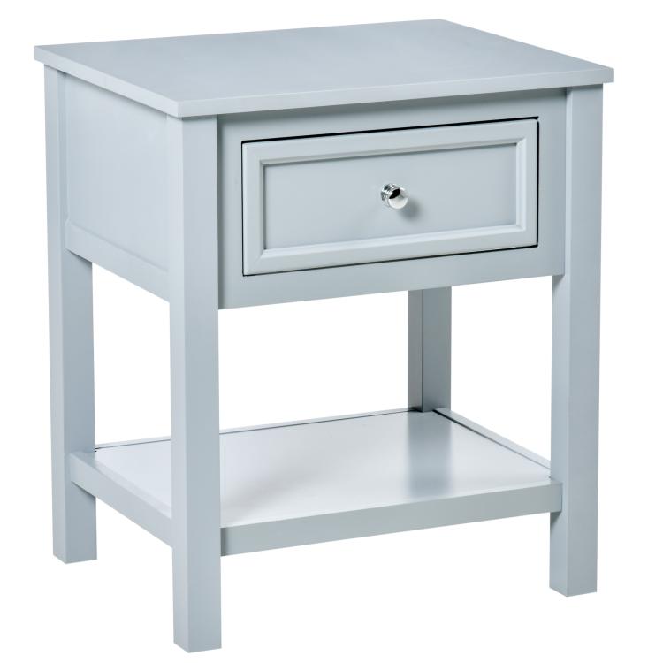 Light gray end table with storage drawer and bottom shelf