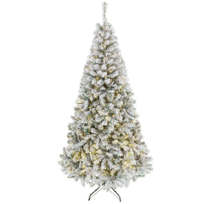 Snow-flocked prelit Christmas tree with warm white lights and hinged metal stand