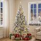 Flocked prelit Christmas tree with warm white lights, full Fraser Fir-style branches