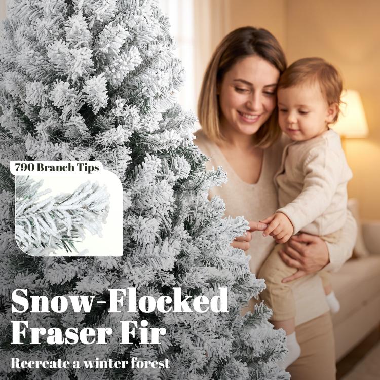 Snow-flocked Christmas tree with warm white lights, textured branch detail