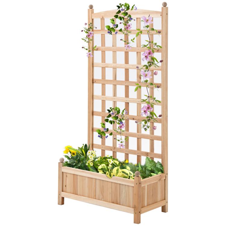Wooden raised garden bed with trellis and planter box, light natural wood, front view