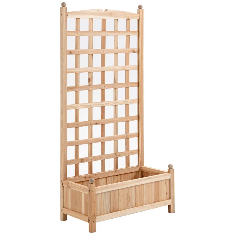 Wooden raised garden bed with lattice trellis and rectangular planter box