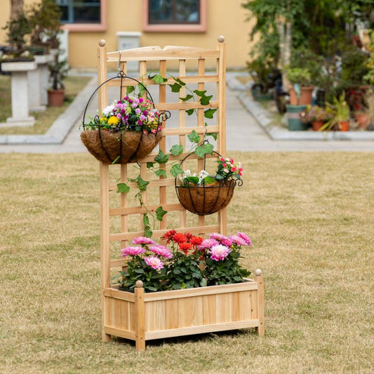 Wooden raised garden bed with trellis, front planter and hanging baskets with flowers