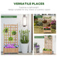 Wooden raised garden bed with trellis, shown in indoor entryway and outdoor patio scenes
