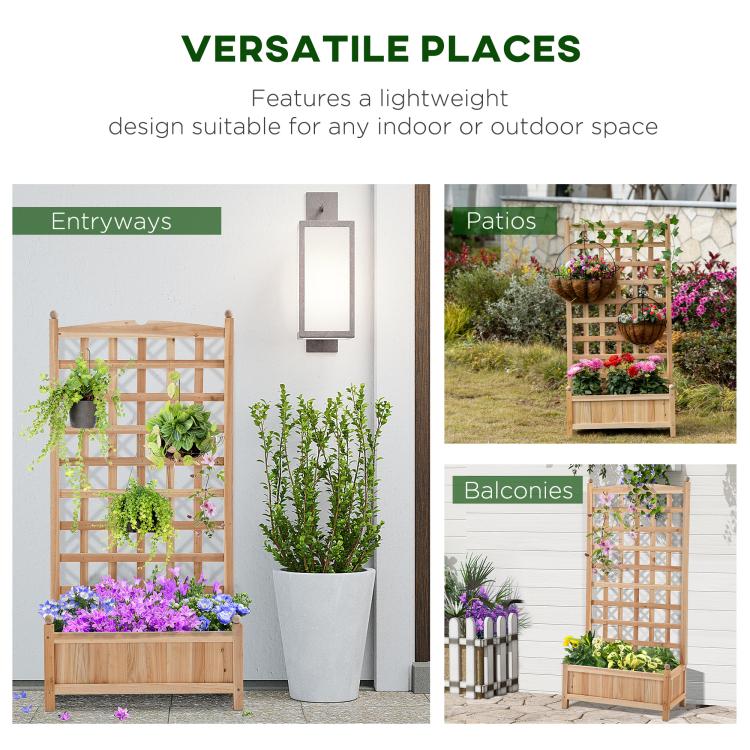 Wooden raised garden bed with trellis, shown in indoor entryway and outdoor patio scenes