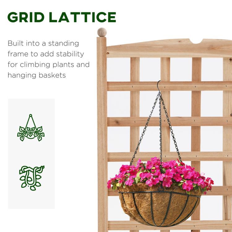 Wooden trellis garden bed with hanging basket hooks and a flowering planter below