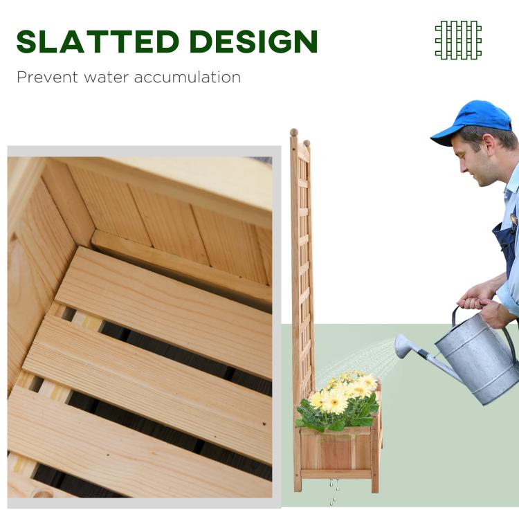 Wooden raised garden bed showing slatted base inside planter for drainage and airflow