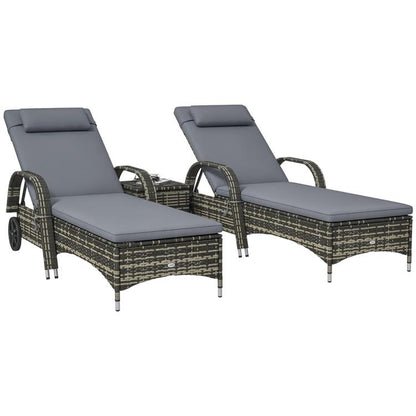 Set of 3 gray outdoor chaise lounge chairs with dark wicker frames and seat cushions