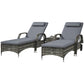 Two gray outdoor chaise lounge chairs with dark wicker weave and padded headrests