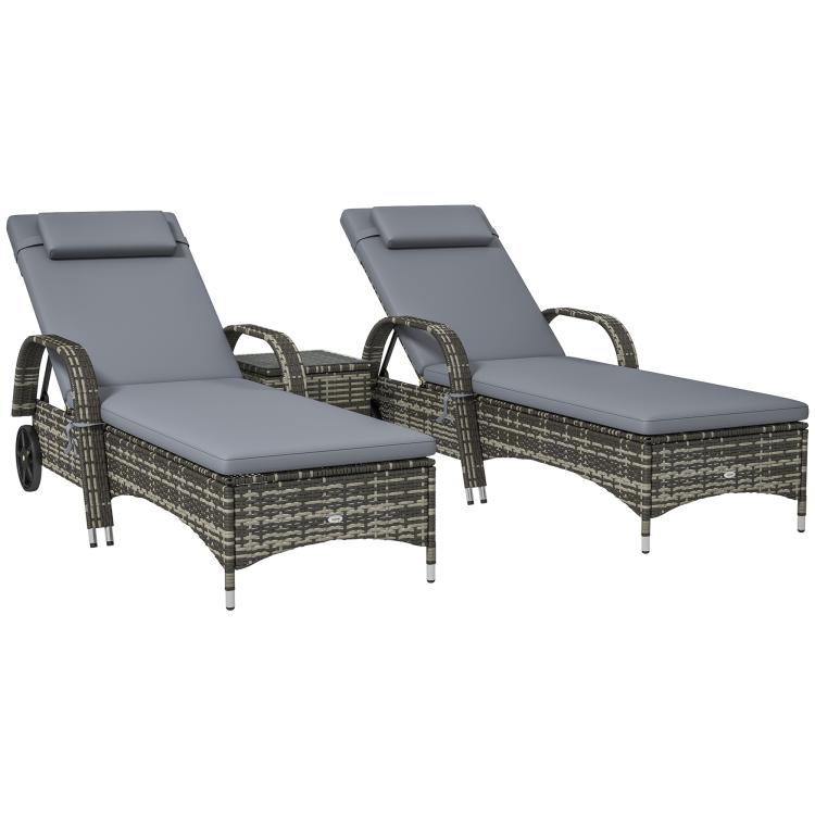 Outdoor wicker chaise lounges with gray cushions, curved woven bases, wheels