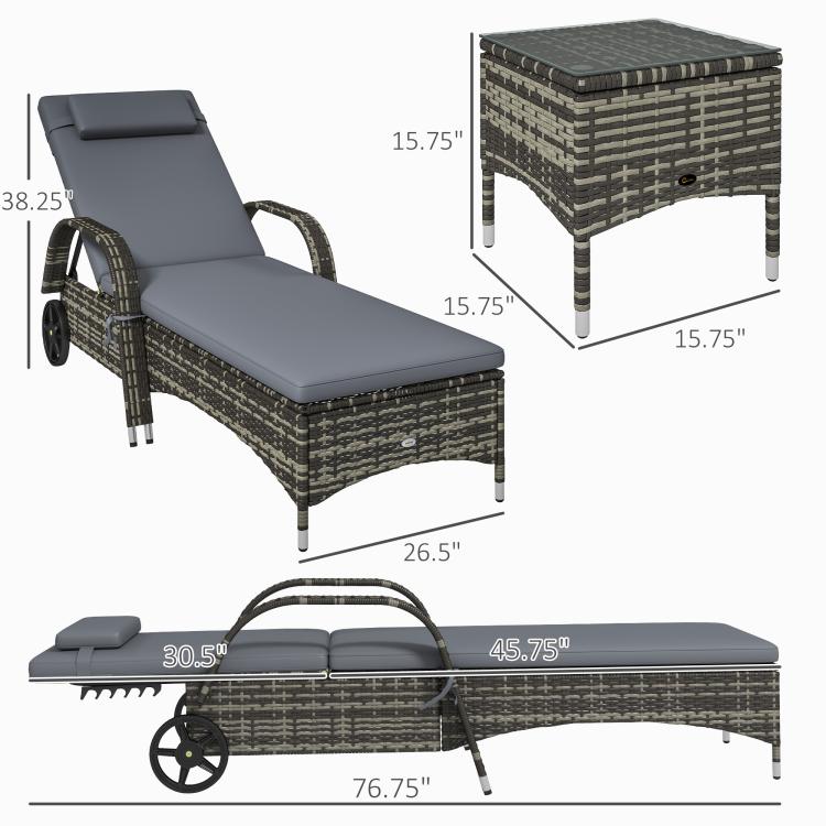 Gray outdoor chaise lounge chair dimensions view with dark wicker frame and cushions