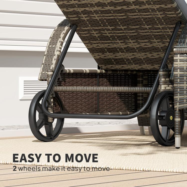 Bottom view of dark wicker chaise lounge frame with two wheels and metal supports