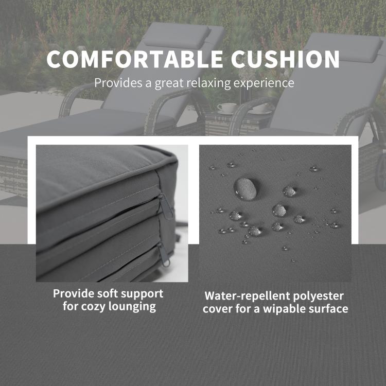 Gray chaise lounge cushions with water-repellent fabric panel and stitched seams
