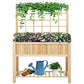 Wooden raised garden bed planter with trellis, filled with flowers and leafy greens