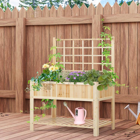 Wooden raised garden bed with trellis, flower boxes, and watering can on patio