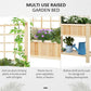 Wooden raised garden bed planter with trellis, flower box, and side shelf