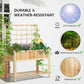 Wooden raised garden bed planter with trellis and potted plants outdoors