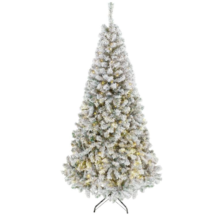 Snow-flocked prelit Christmas tree, slim conical shape, white needles with warm lights.