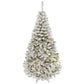 Snow-flocked prelit Christmas tree, full conical form with warm LED bulbs on branches.