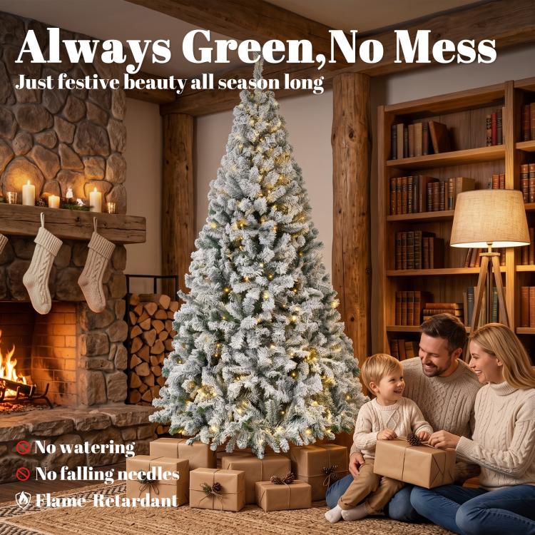 Snow-flocked prelit Christmas tree with thick needle coverage and warm lights.