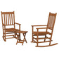 Pair of teak patio rocking chairs with side table, slatted seats and backs