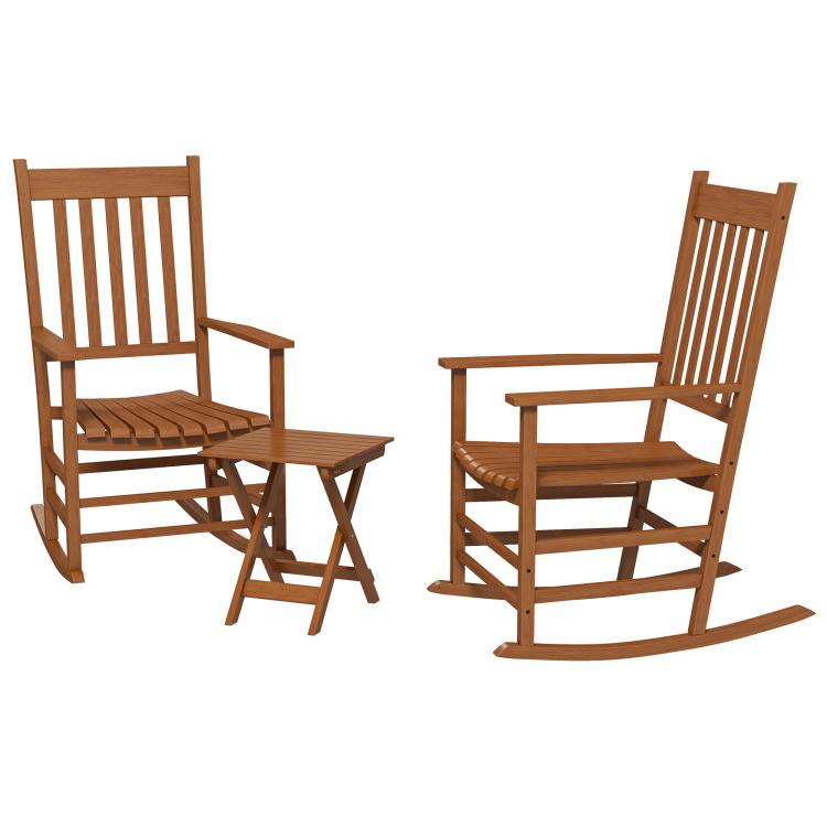 Pair of teak patio rocking chairs with side table, slatted seats and backs