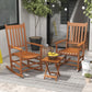 Two wooden rocking patio chairs with slatted seats and backrests, with side table