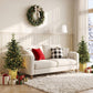 Set of 2 prelit artificial Christmas trees with bright lights on square golden bases.