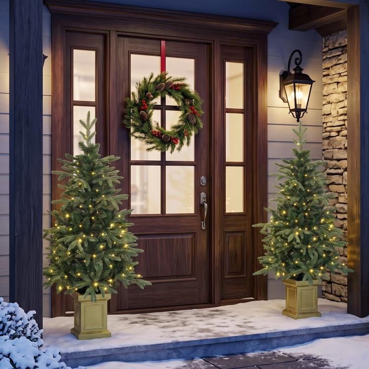Set of 2 prelit Christmas trees standing on golden bases by an entry door.