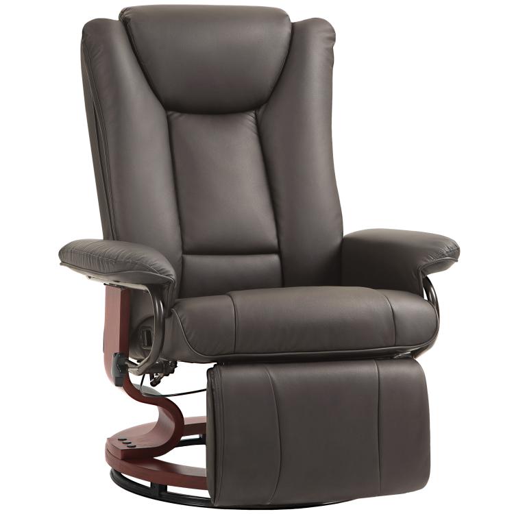 Dark gray manual swivel recliner with lifted footrest and padded armrests, side view