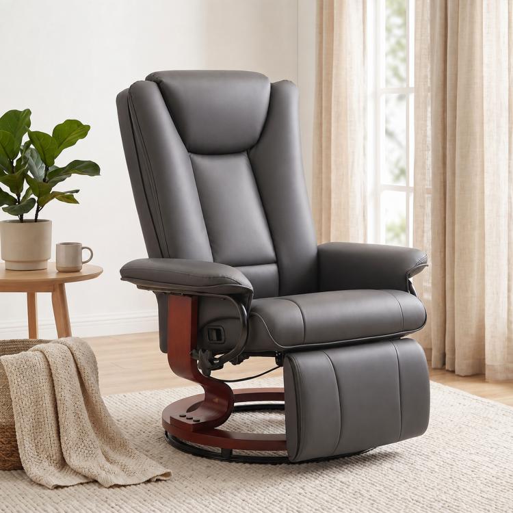 Dark gray recliner chair with extended footrest and high back, manual swivel base